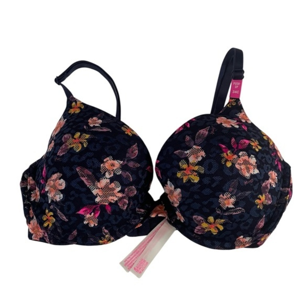 Victorias Secret PINK Push Up Bra 34C Floral Leopard Lace Navy Pink‎ Wear